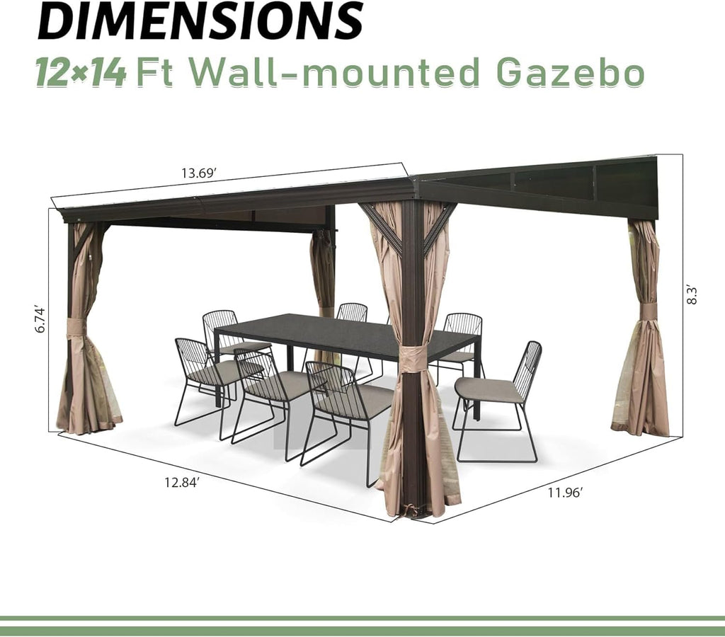 Domi 12x14FT Lean to Gazebo, Aluminum Wall Mounted Gazebo with Sloping Galvanized Steel Roof, Curtains and Netting, Outdoor Hardtop Gazebo Pergola for Patio, Deck, Garden, Backyard