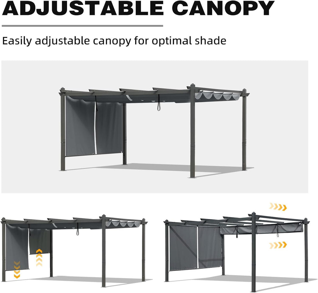 BPS 12x16 FT Outdoor Pergola - Retractable Shade Canopy with Aluminum Frame & Roller Shade Curtains for Patio, Backyard, or Deck, Gray