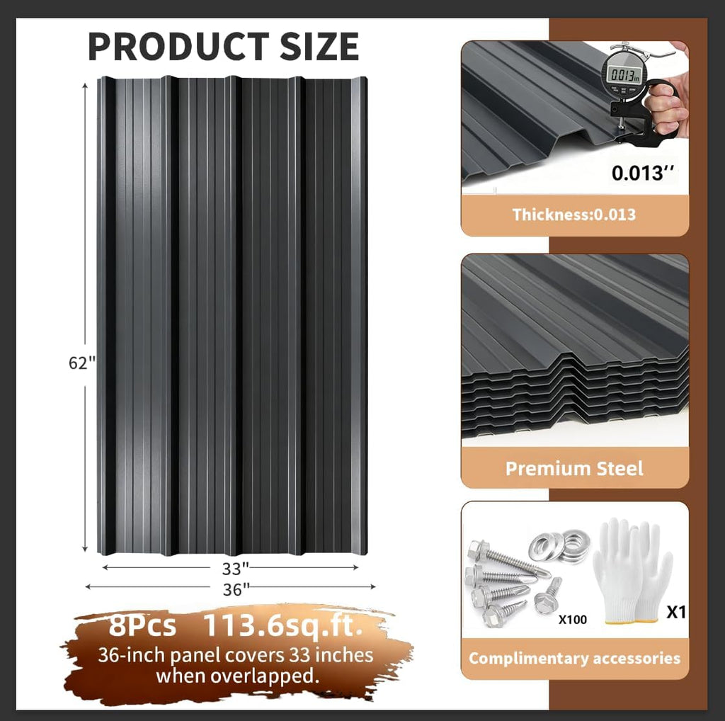 Extra-Wide Coverage Metal Roof Panels (62'x33') Corrugated Galvanized Steel with Screws Waterproof for Warehouse Industrial Shed Garage Patio Roofing 8 Pcs Gray