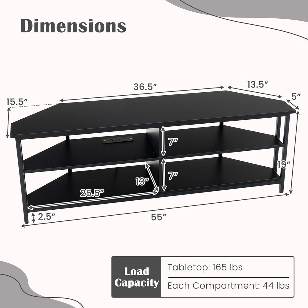 Tangkula Corner TV Stand for TVs up to 65', TV Console Table with 2 AC Outlets, USB A Port, USB C Port, Metal Frame & Storage Shelves, 55' Media Entertainment Center for Living Room