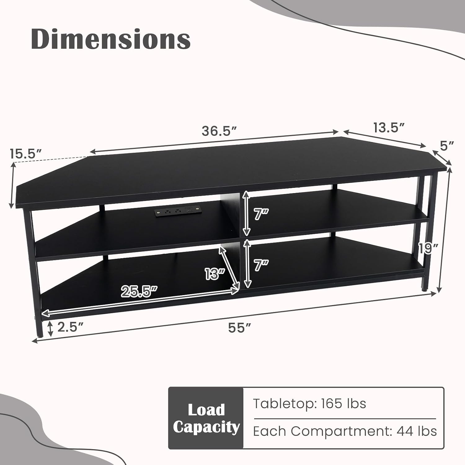 Tangkula Corner TV Stand for TVs up to 65', TV Console Table with 2 AC Outlets, USB A Port, USB C Port, Metal Frame & Storage Shelves, 55' Media Entertainment Center for Living Room