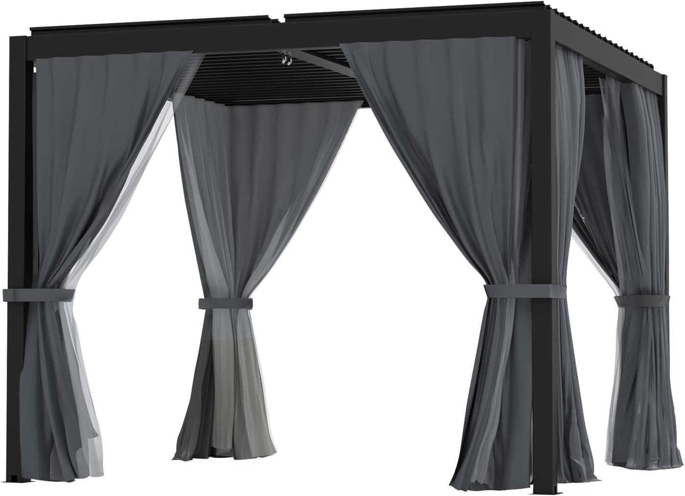 LVUYOYO Louvered Pergola 10' x 10', Outdoor Pergola with Adjustable Roof, Patio Aluminum Frame Metal Gazebo with Curtains and Netting for Patio, Backyard, Garden, Deck (Black)
