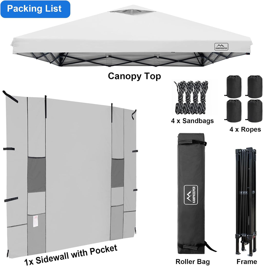 KAMPKEEPER 10x10 Easy Pop Up Canopy Tent with Sidewalls, Instant Outdoor Shade Shelter with Removable 10FT Sun Walls, Quick Setup Waterproof and UV-Resistant(White, 10x10FT with 1 sidewall)