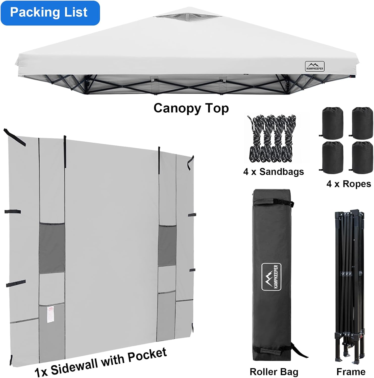 KAMPKEEPER 10x10 Easy Pop Up Canopy Tent with Sidewalls, Instant Outdoor Shade Shelter with Removable 10FT Sun Walls, Quick Setup Waterproof and UV-Resistant(White, 10x10FT with 1 sidewall)