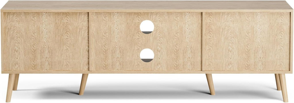 ZttRiee TV Stand for TVs up to 65'', Entertainment Center With Rattan Door, Shelves & 2 Cabinets, Long Boho Media Console for Living Room, Natural