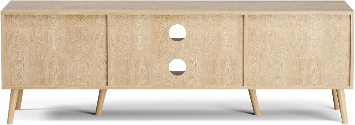 ZttRiee TV Stand for TVs up to 65'', Entertainment Center With Rattan Door, Shelves & 2 Cabinets, Long Boho Media Console for Living Room, Natural