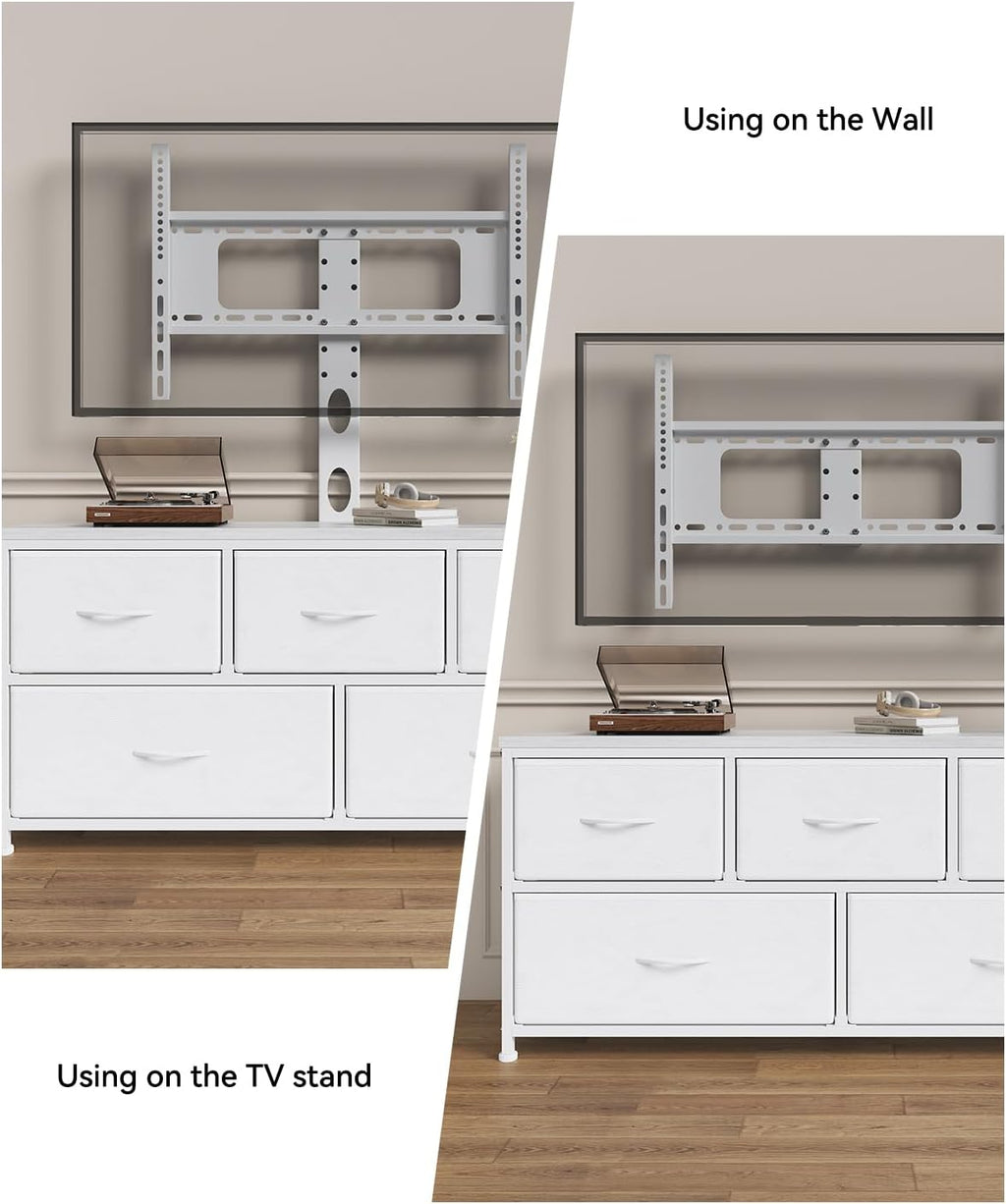 TV Stand with Mount, Fabric Dresser with 5 Drawers for 32/45/55/60/65/75 inch TVs, White Dresser Entertainment Center, Modern Media TV Console Table
