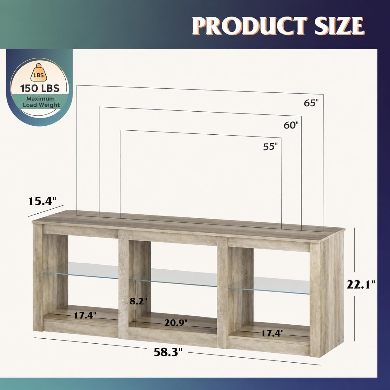 WLIVE Modern LED TV Stand for 65 70 Inch TV, 58' Entertainment Center with Adjustable Glass Shelves & RGB Lights, Wood Media Console Table for Living Room, Bedroom, Gaming Room, Gray Oak