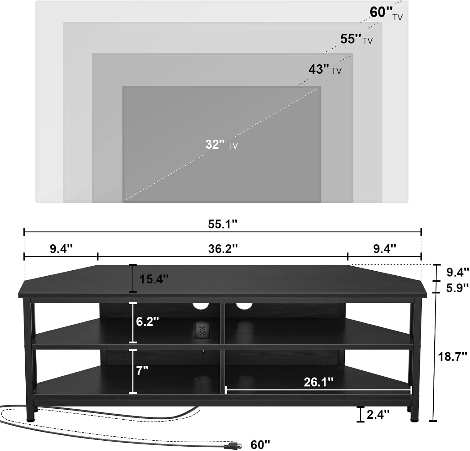 Unikito Corner TV Stand With Power Outlet, Corner Entertainment Center Corner TV Table With 4 Open Storage Corner TV Cabinet Wood TV Stand For Living Room,Bedroom Corner TV Stand For 55 inch TV, Black