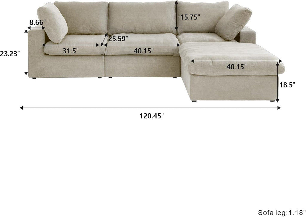 Cloud Modular Sectional Sofa with Storage Ottoman,120.45' L Shaped Couch for Living Room,Down Filled Convertible Couch Deep Seat for Office Apartment,Covers Washable&Replaceable,Khaki