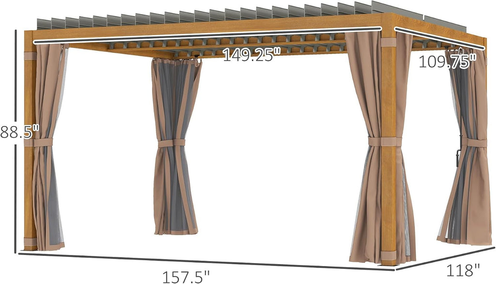 Outsunny 10' x 13' Louvered Pergola Hardtop Gazebo with Adjustable Aluminum Roof and Frame, Outdoor Pergola with Curtains and Netting, for Garden, Lawn, Backyard, and Deck, Natural Wood