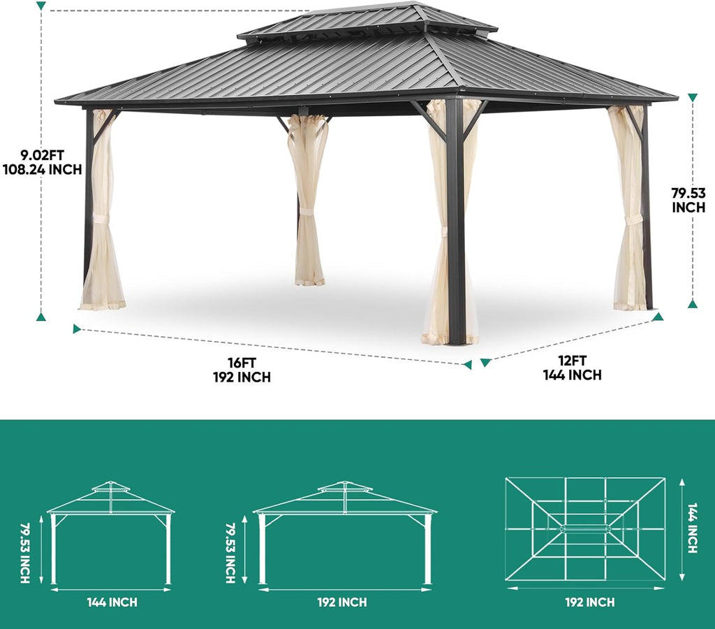 GDY 12' x 16' Hard Top Gazebo, Wood Finish Coated Aluminum Frame Gazebo with Galvanized Steel Double Roof, Metal Gazebo with Curtains and Netting for Patios, Lawns and Gardens.
