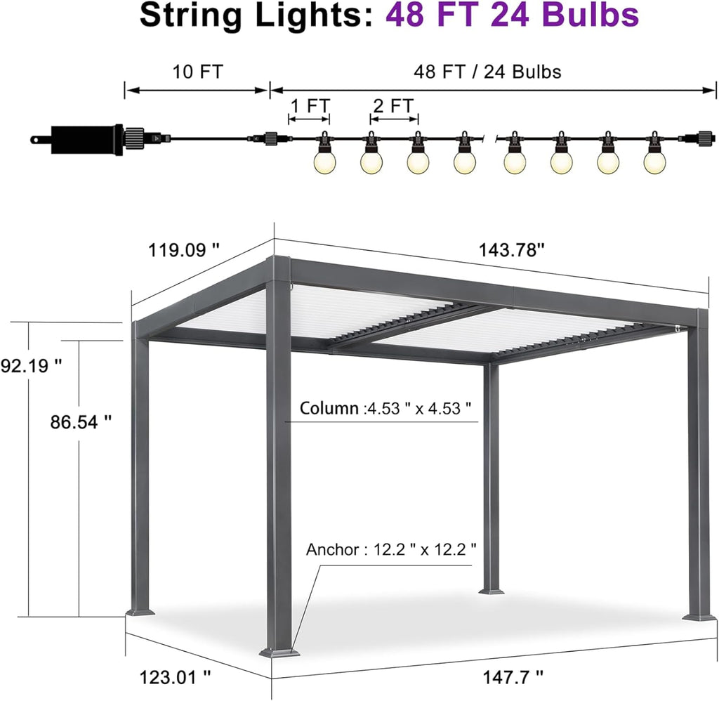 PURPLE LEAF Louvered Pergola 10' x 12' Outdoor Pergola with Aluminum Adjustable louvered Roof Grey Frame for Outside Deck Backyard