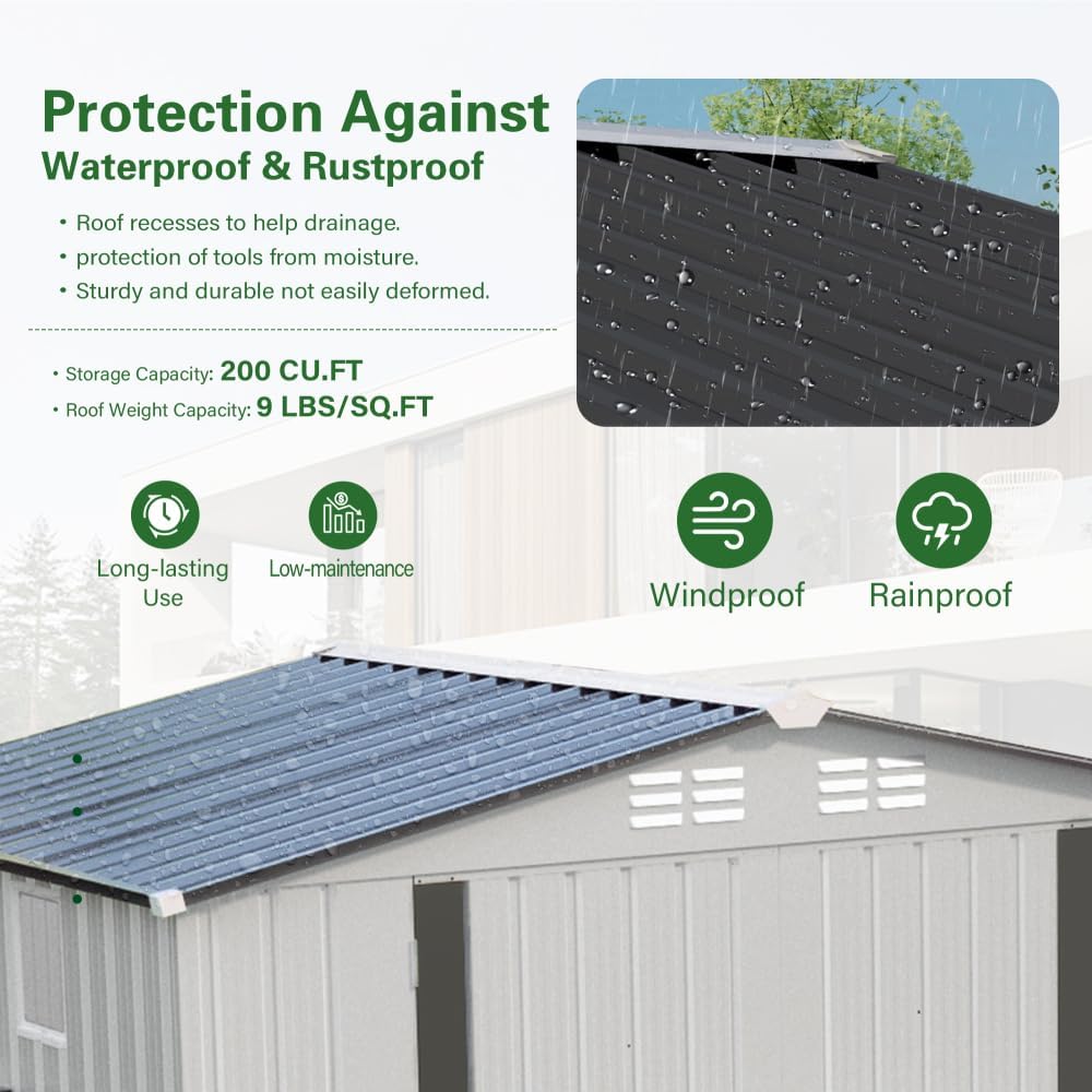8X6 FT Metal Outdoor Storage Shed with Window & Vents, Waterproof Garden Tool Shed with Lockable Door & Pitched Roof, Durable Steel Bike Storage for Yard, Patio, White & Gray