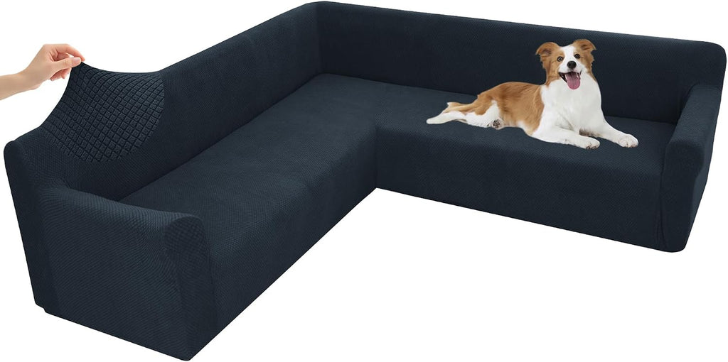 Arfntevss Stretch Sectional Couch Covers L Shaped Corner Sectional Sofa Cover Washable Jacquard Soft Fleece U Shape Sofa Slipcovers Anti Slip Furniture Protector for Dogs Pets (X-Large, Dark Blue)