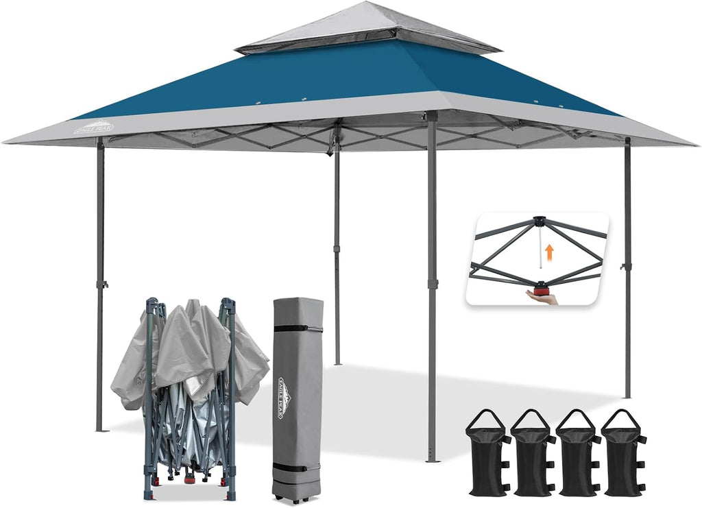 EAGLE PEAK 13x13 Straight Leg Pop Up Canopy Tent Instant Outdoor Canopy Easy Single Person Set up Folding Shelter w/Auto Extending Eaves 169 Square Feet of Shade (Blue/Gray)