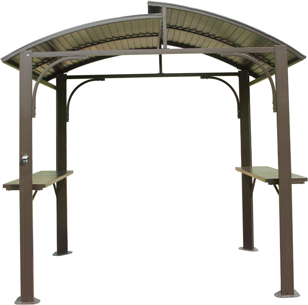 8x5FT Arc Roof, Grill Canopy for Outdoor Grill w,Double Galvanized Steel Roof and 2 Side Shelves, BBQ Gazebo Grill Tent for Patio GBackyard, Brown
