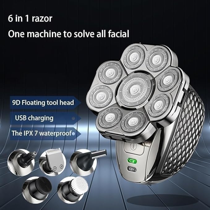 Electric Shavers for Men, 6 in 1 Men's Bald Head Electric Shaver 9 Blades Floating Heads Beard Nose Ear Hair Trimmer Clipper Facial Brush Rechargeable Razor