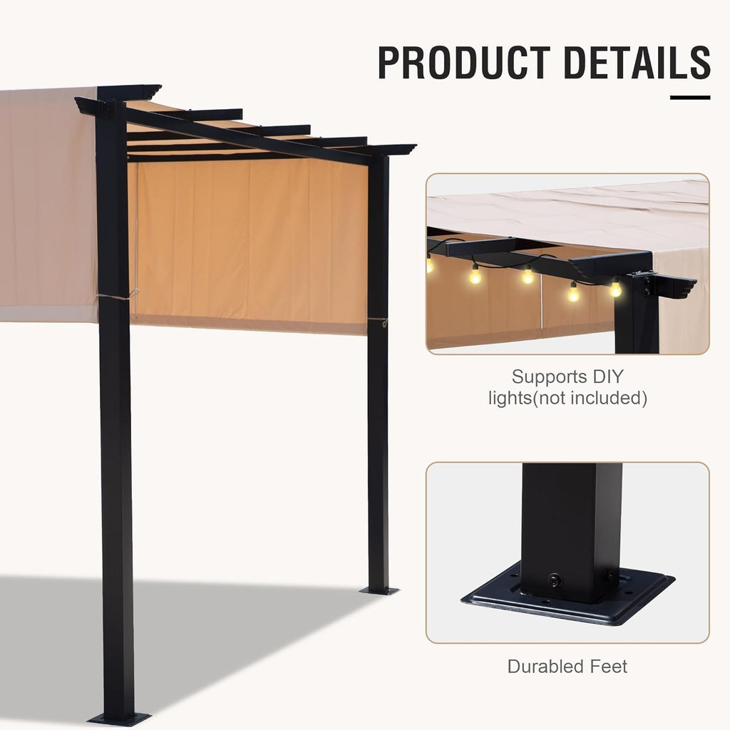 10' X 10' Outdoor Modern Steel Pergola with Retractable Canopy, Beige