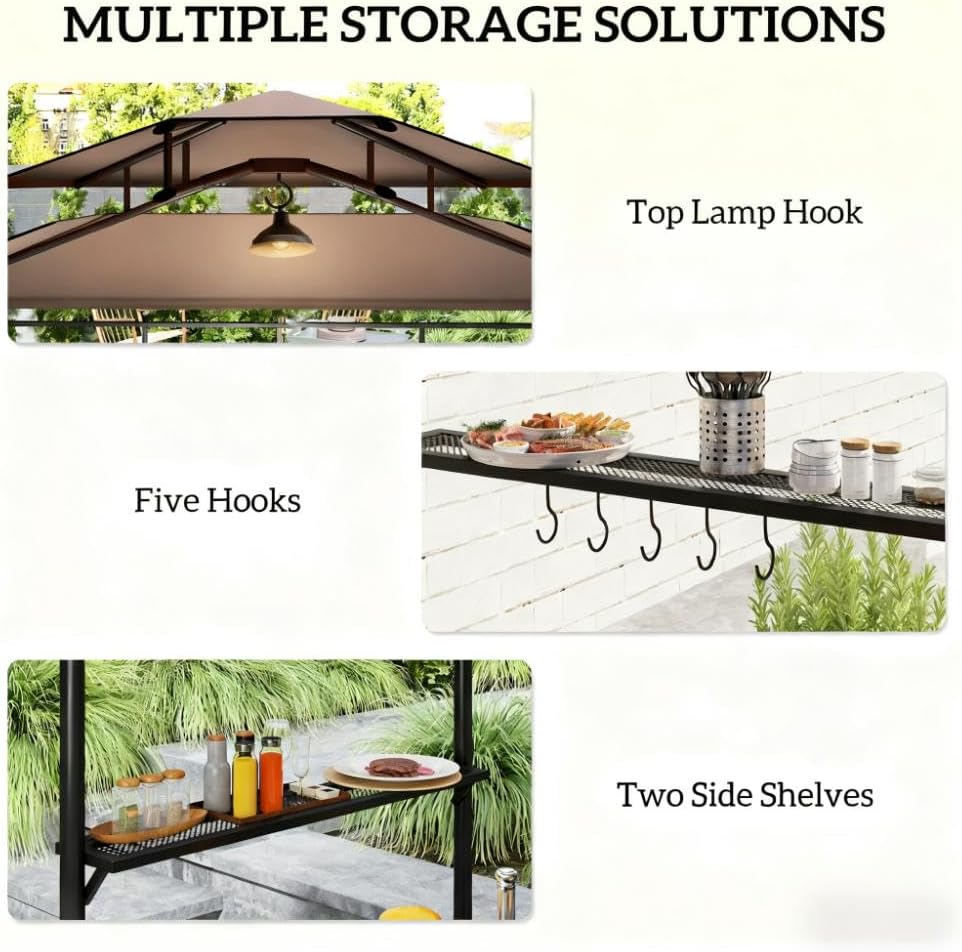 GOWE Ventilated Barbecue Gazebo Shelter,Outdoor Grill Gazebo,with Side Awning,Side Shelves and Hooks