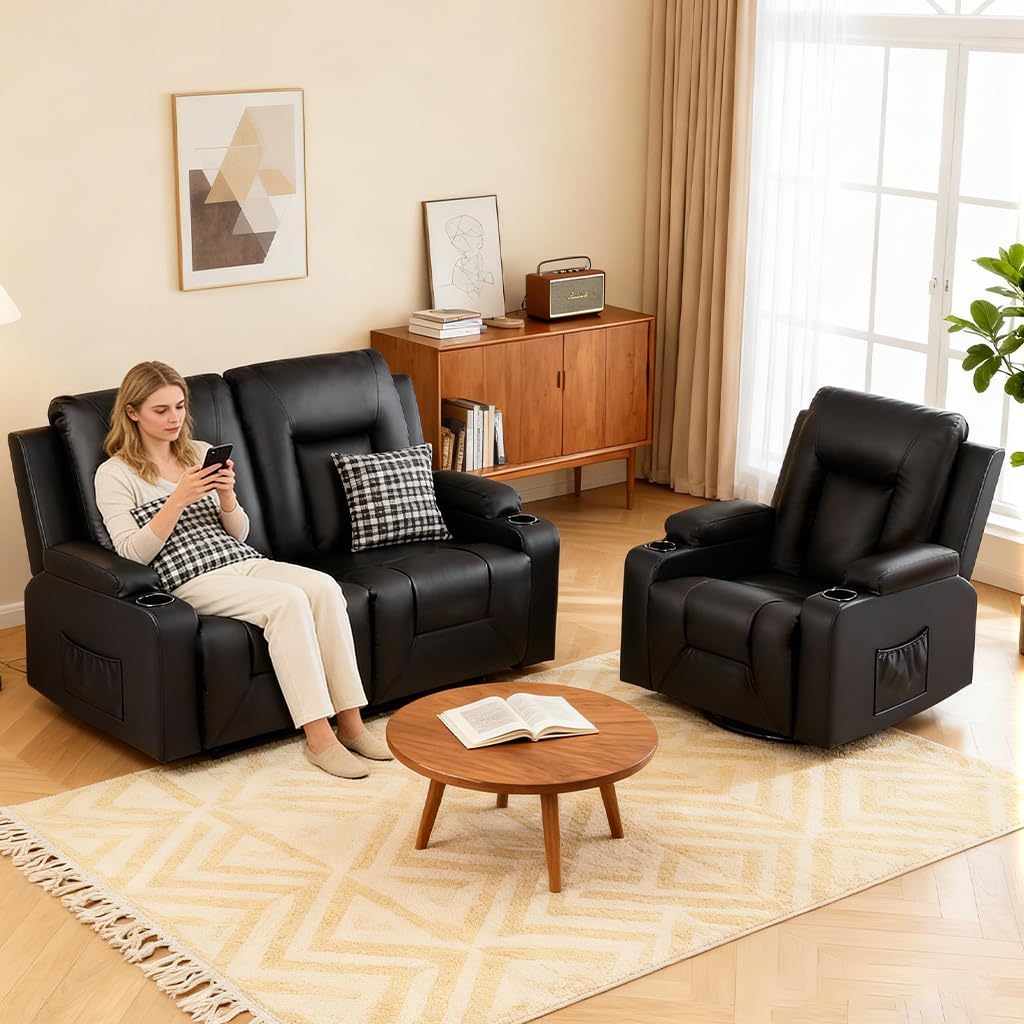 COMHOMA Living Room Furniture Set,Faux Leather Manual Recliner Sofa Sets with Cup Holders,Reclining Couch,Loveseat and Armchair,2+1,Black