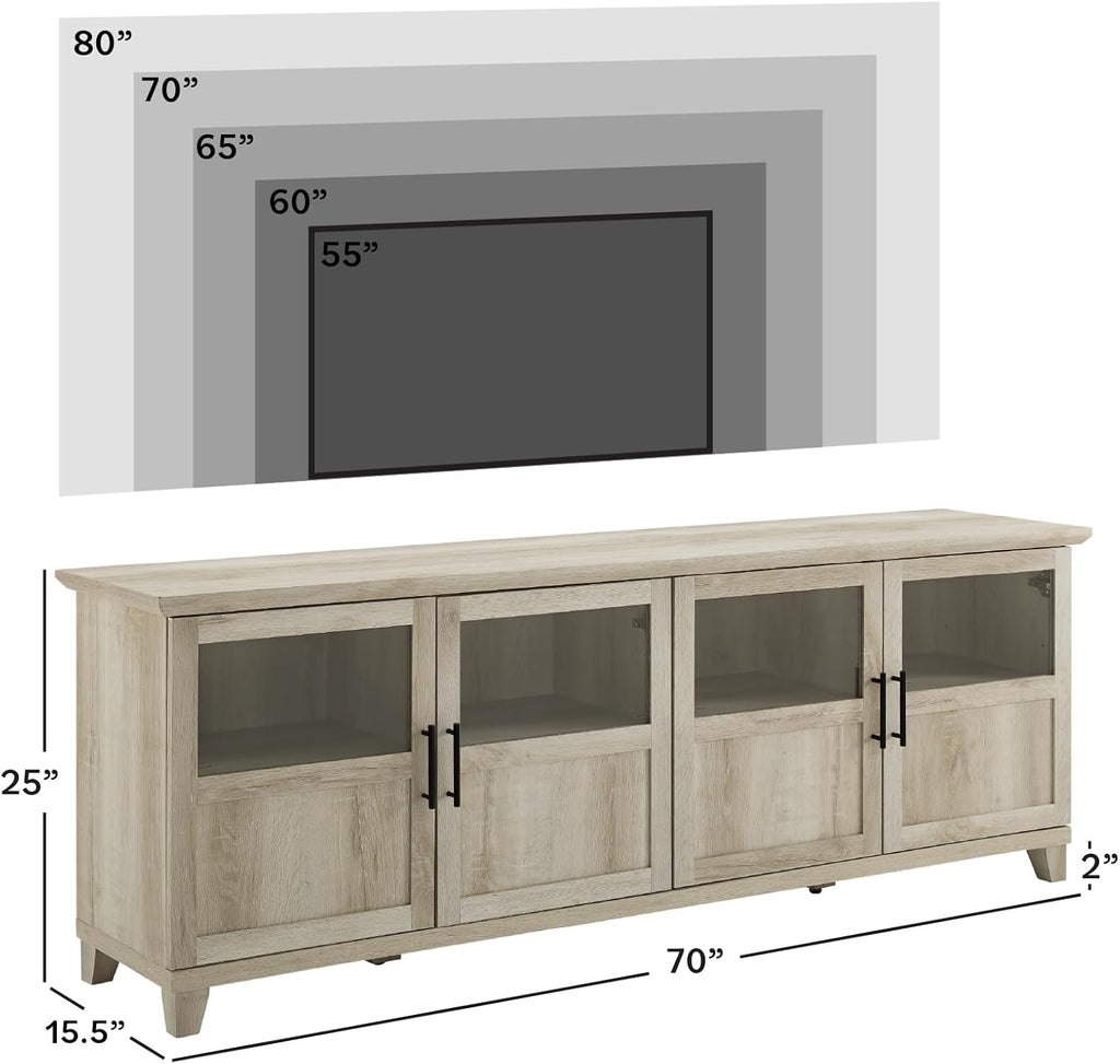 Walker Edison Farmhouse Glass and Wood TV Stand for TV's up to 80' Universal TV Stand for Flat Screen Living Room Storage Cabinets and Shelves Entertainment Center, 70 Inch, White Oak