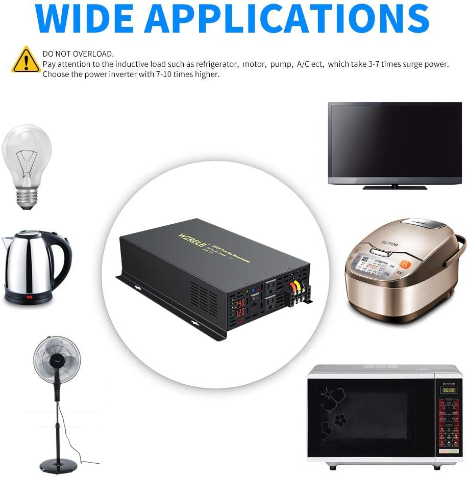 WZRELB 2000W 24VDC 120VAC Pure Sine Wave Power Inverter with 2 AC Outlets Wired Remote Control Car Inverter (RBP-200024WR)