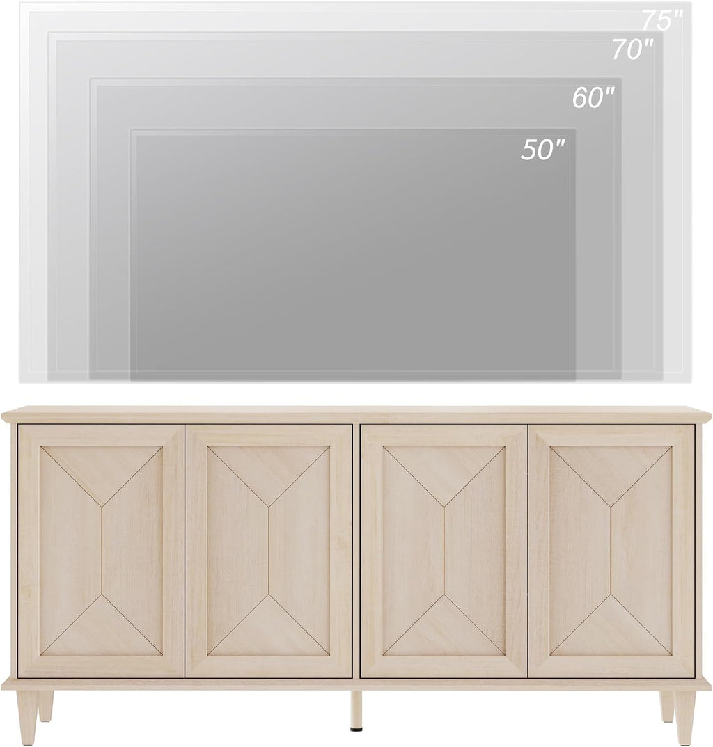 WAMPAT 65' Modern Farmhouse TV Stand with Handcrafted Patchwork Doors for 55-75' TVs, Entertainment Center Console with Cable Management, Adjustable Shelves Storage for Living Room, Light Oak