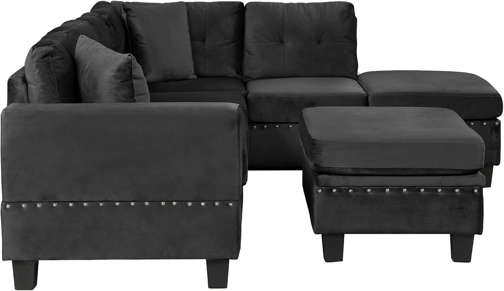 Merax Modern Sectional Sofa with Storage Ottoman, L Shaped Couch with 2 Pillows and 2 Cup Holders, Polyester Sectional Sofa with Reversible Chaise for Living Room, Home Office (Black)