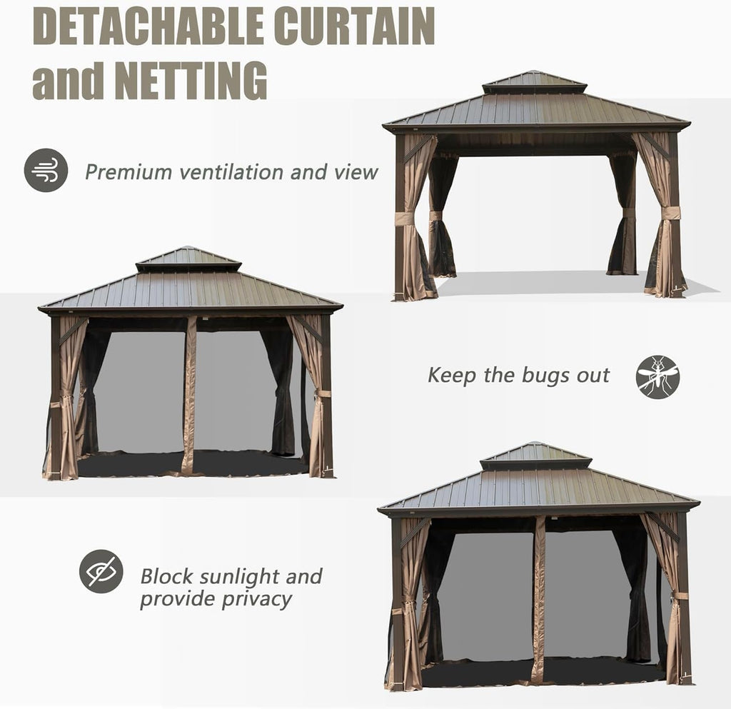 Domi 8'x10' Outdoor Gazebo, Patio Hardtop Gazebo with Galvanized Steel Double Roof, for Patio, Deck, Backyard, Curtain and Netting Included, Brown