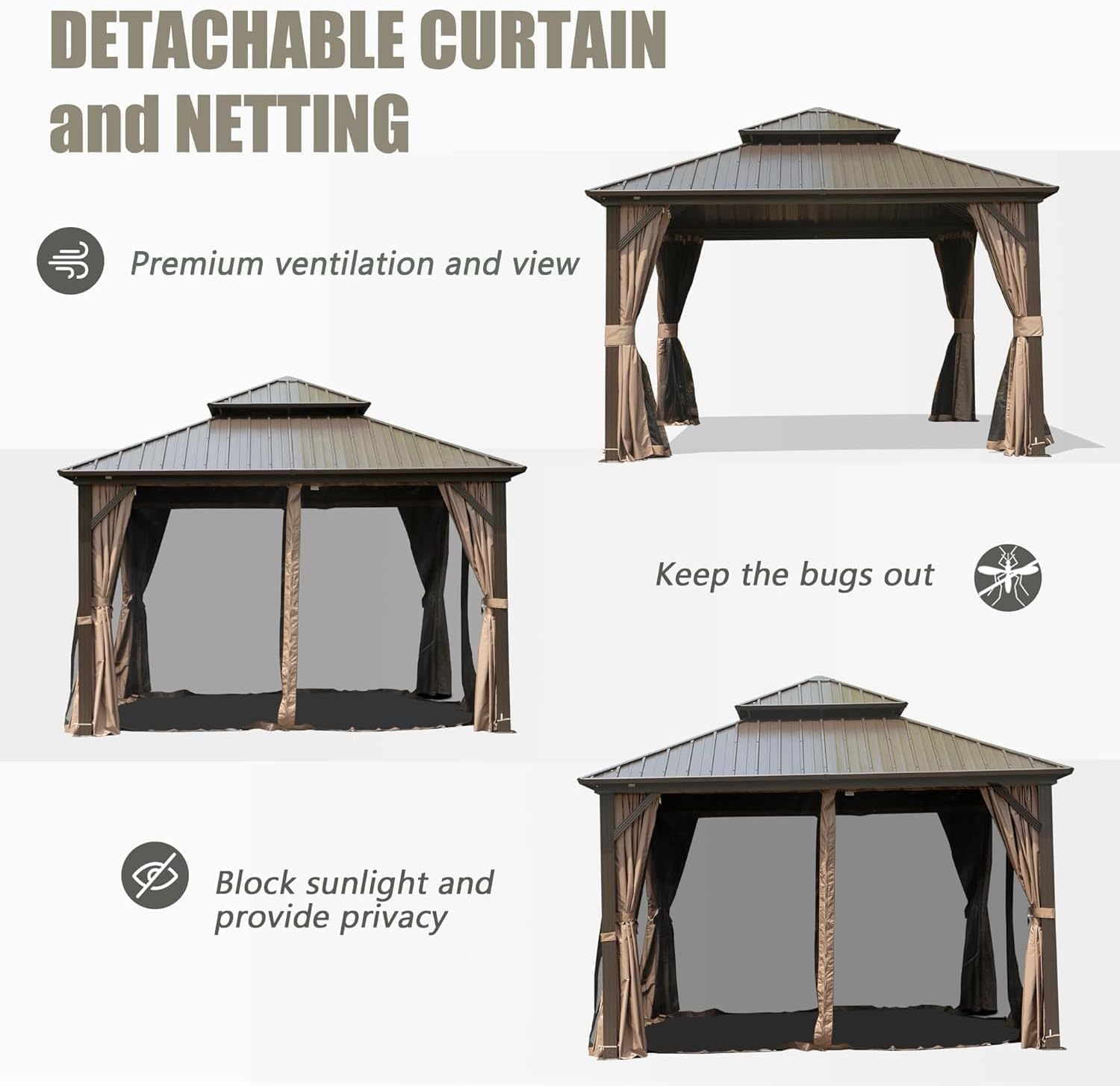 Domi 8'x10' Outdoor Gazebo, Patio Hardtop Gazebo with Galvanized Steel Double Roof, for Patio, Deck, Backyard, Curtain and Netting Included, Brown