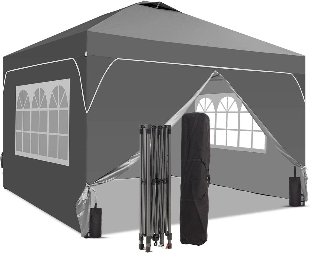 10x10 Pop Up Canopy Tent with One Push Setup, Portable Sun Shade Tent, Instant Easy Up Canopy with 4-Sidewalls & Hand Bag, Outdoor Fldable Gazebo with Vent Top, Grey.