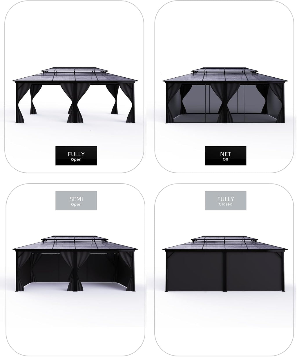 12' x 20' Permanent Hardtop Gazebo - Heavy Duty Aluminum Frame with Double Roof, Includes Curtains & Netting for Patio/Backyard/Garden (All-Weather)