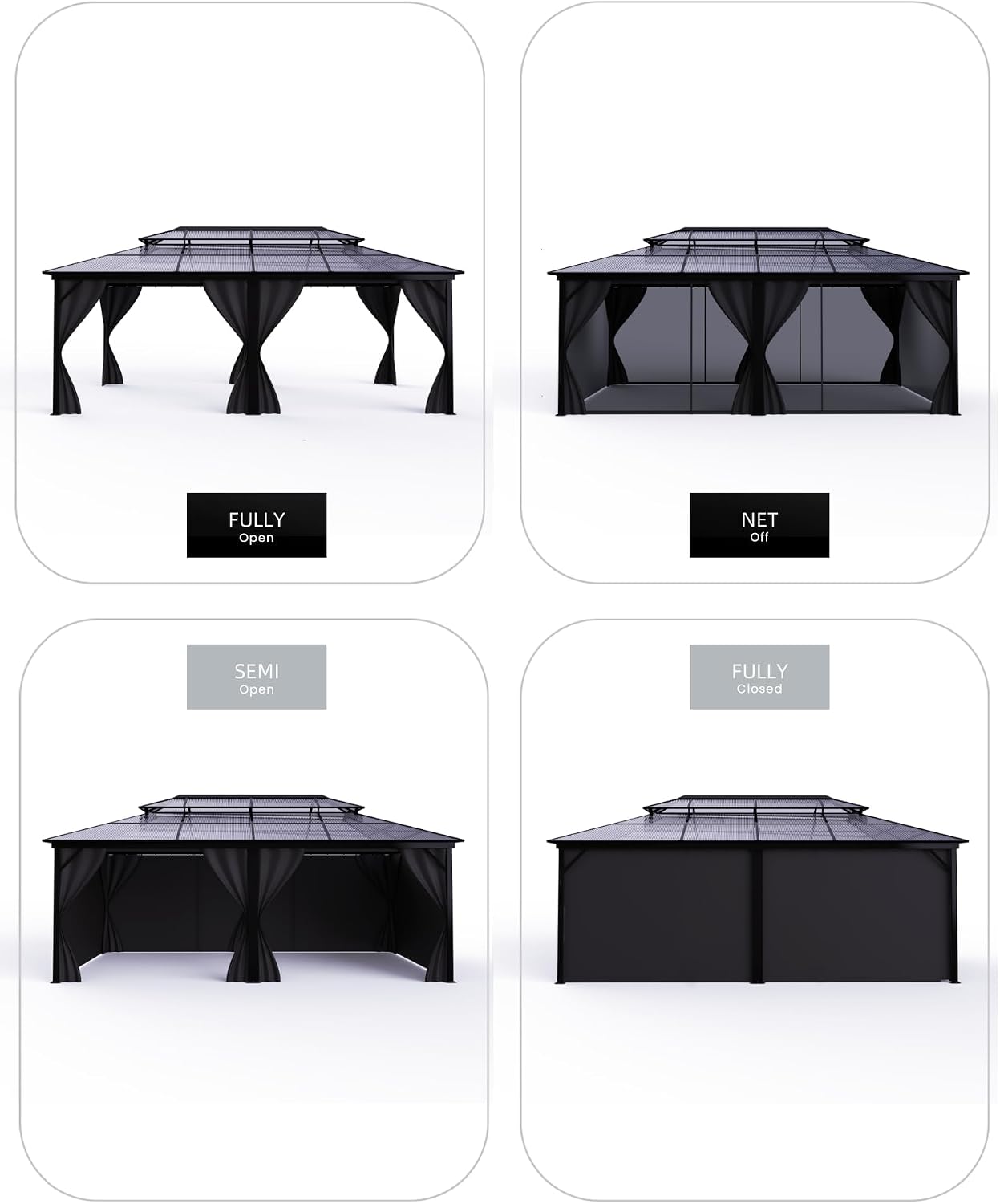 12' x 20' Permanent Hardtop Gazebo - Heavy Duty Aluminum Frame with Double Roof, Includes Curtains & Netting for Patio/Backyard/Garden (All-Weather)