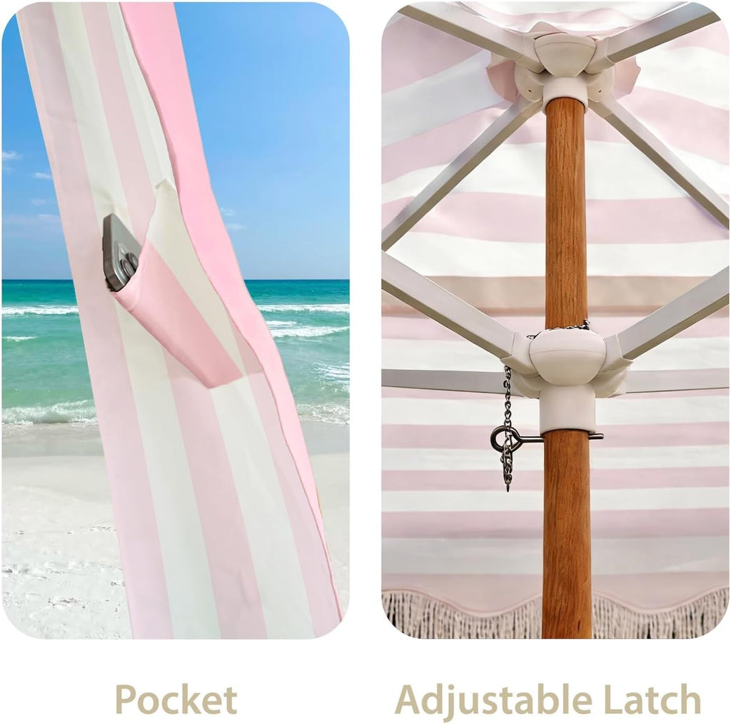 AMMSUN Beach Cabana with Fringe, 7' x 7' Boho Beach Canopy with Tassels, Easy Set up & Premium Wood Pole, Cabana Tent with Sand Pockets, Instant Sun Shade for Sand, Garden, Patio, Rose Stripes
