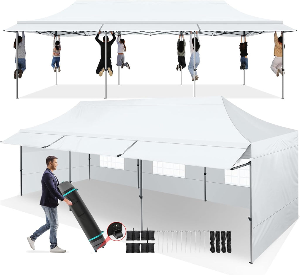 COBIZI 10x30 Pop Up Canopy Tent with Awning,Heavy Duty Canopy UPF 50+ All Season Wind Waterproof Commercial Outdoor Street Vendors Party Tents for Parties Canopy with Roller Bag(10 x 30 ft White)