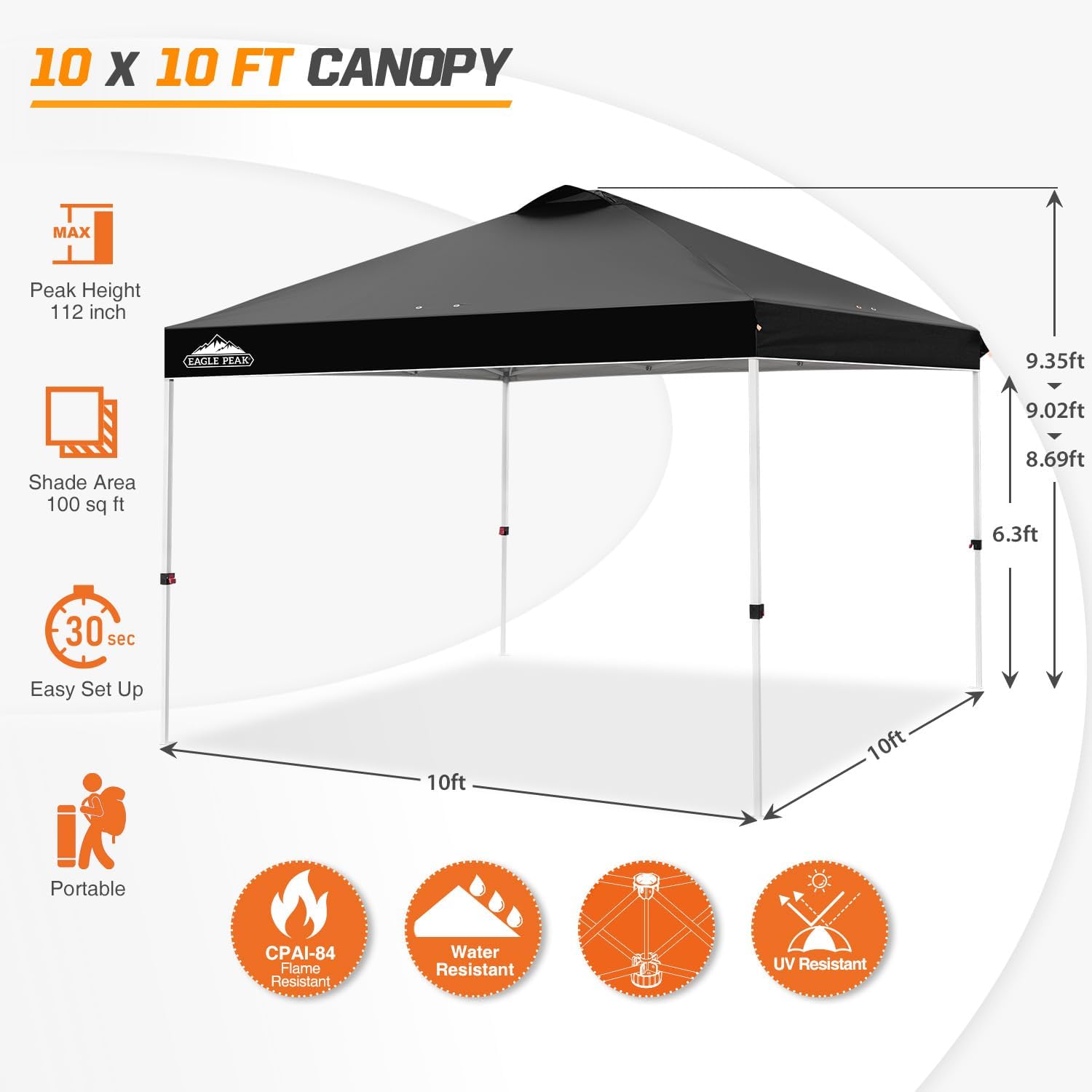 EAGLE PEAK Pop Up Canopy Tent with Wheeled Carry Bag, 8 Stakes, 4 Ropes, 4 Weight Bags, Easy Set Up Tent Canopy, 10x10 ft, 100sqft of Shade, Black