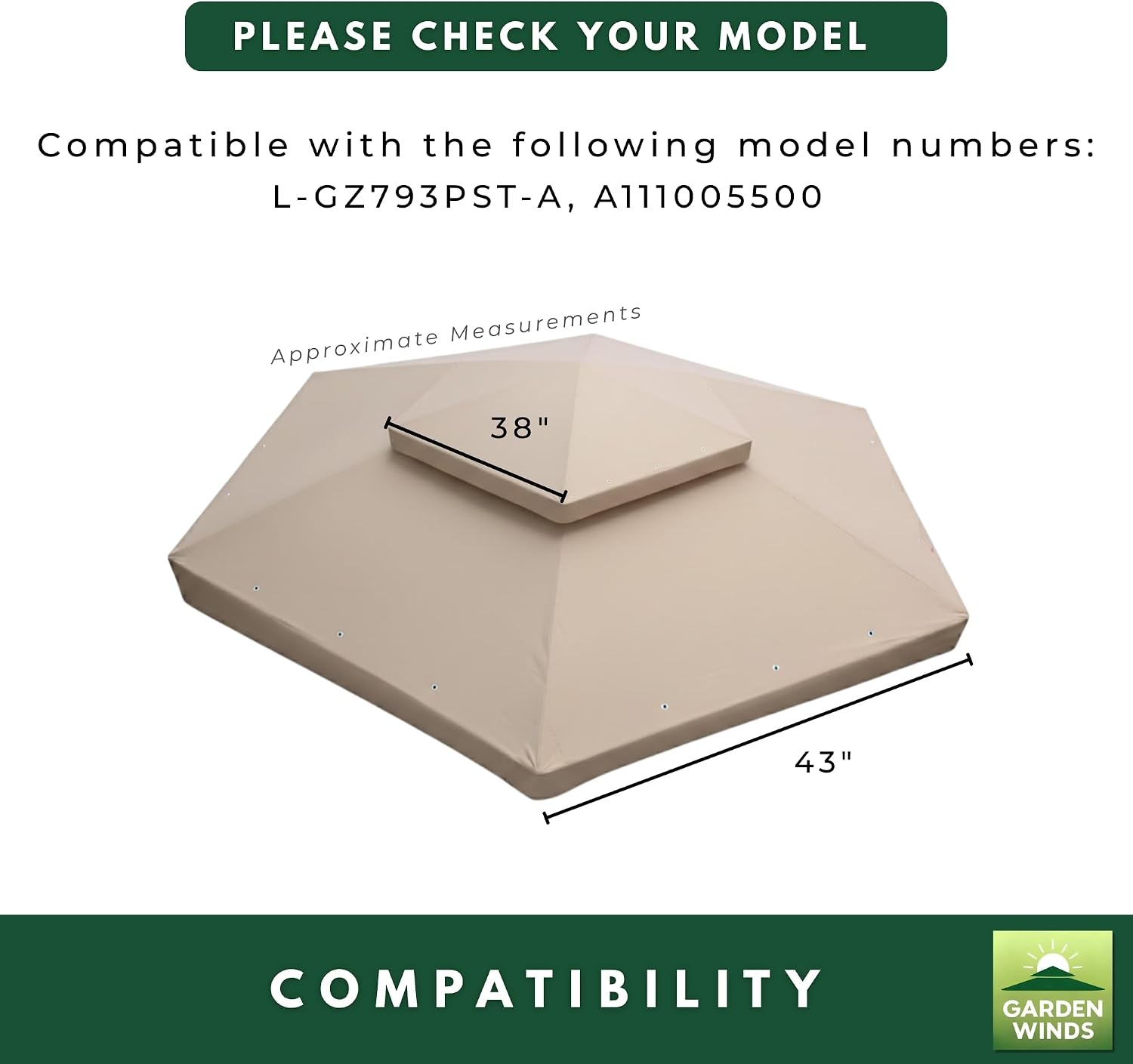 Garden Winds Reinforced RipLock 350 Replacement Canopy Top Cover Compatible with Southbay Hexagon 12' x 12' Gazebo Models L-GZ793PST-A, A111005500 - Beige