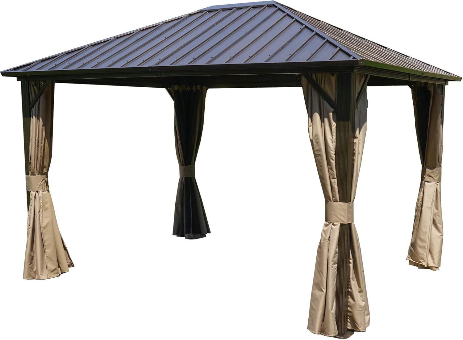 Kozyard10'x12' Hardtop Gazebo Permanent Metal Pavilion with Netting and Shaded Curtains for Patio, Backyard, and Deck - Galvanized Steel Outdoor Aluminum Canopy, Double Roof Gazebo (Brown)