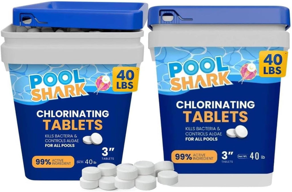 Pool Shark Swimming Pool Chlorine Tablets 80 lbs (2x40) 3-Inch Chlorine Tablets Slow-Dissolving 90% Active Chlorine Tabs Pool Chemicals for Inground Pools Above Ground Pools Saltwater Spa Hot Tub