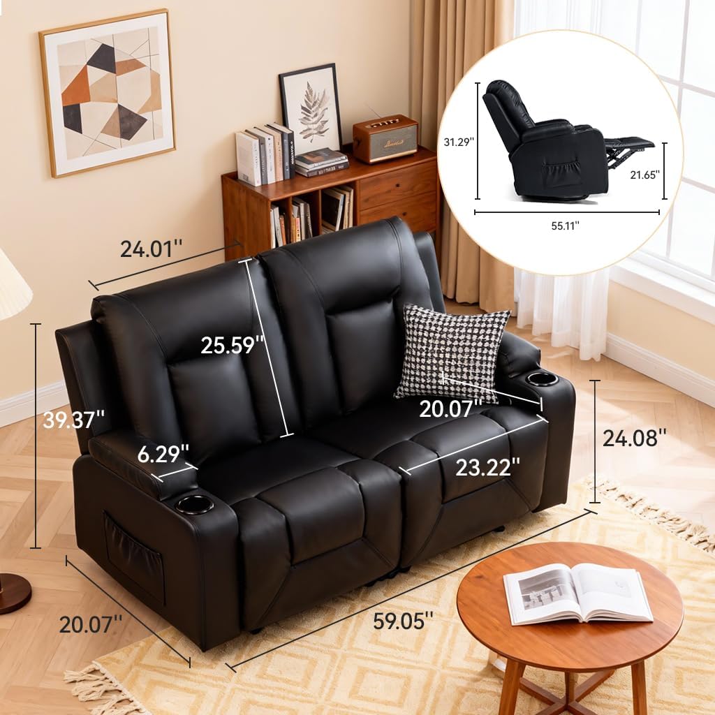 COMHOMA Living Room Furniture Set,Faux Leather Manual Recliner Sofa Sets with Cup Holders,Reclining Couch,Loveseat and Armchair,2+1,Black