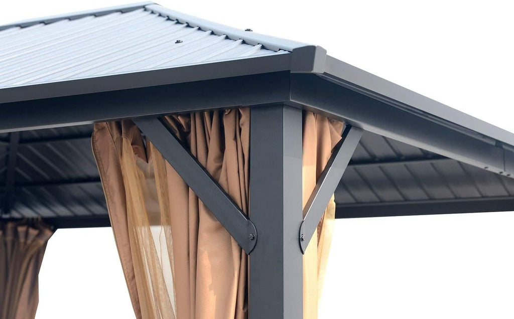 10'x12' Hardtop Gazebo, Permanent Metal Roof Gazebo with Galvanized Steel Frame & Single Roof, Outdoor Hard Top Gazebo with Nettings, Curtains and Hooks for Deck, Patio (Black)