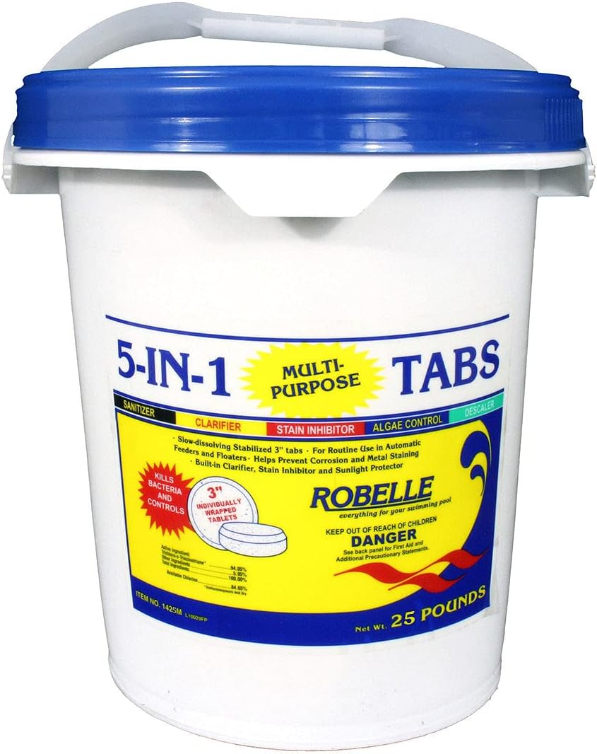 Robelle 25-Pounds Premium 5-In-1 Multi-Purpose Tabs, Chlorine Tablets 3 Inch, Sanitizer, Clarifier, Stain Inhibitor, Algae Control, Descaler, Sunlight Protector All In One, Made In USA