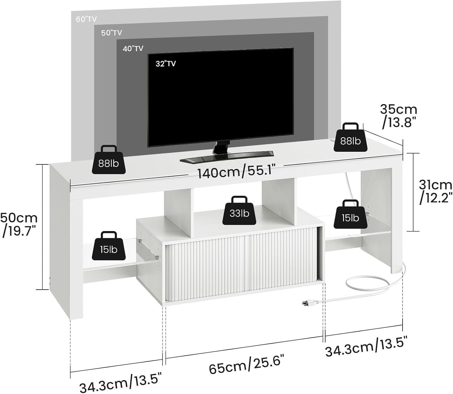 CHOEZON TV Stand with Power Outlet, Modern TV Cabinet for 55 60 inch TVs, Media TV Console with LED Light Strip, Media Entertainment Center with Storage, for Living Room, Bedroom, White MDS02UDWB