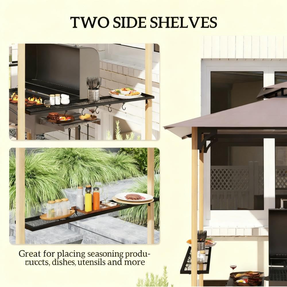 GOWE Double Tiered Barbecue Grill Gazebo Shelter,Grill Gazebo with Side Shelves and Hooks