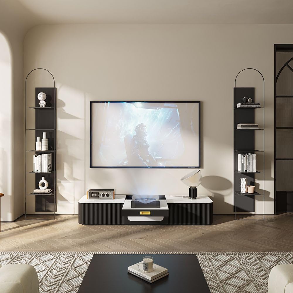 POVISON Modern TV Stand for Projector, Sintered Stone Entertainment Center with Storage for Living Room Bedroom, 55 inch TV Stand, Solid Wood TV Stand