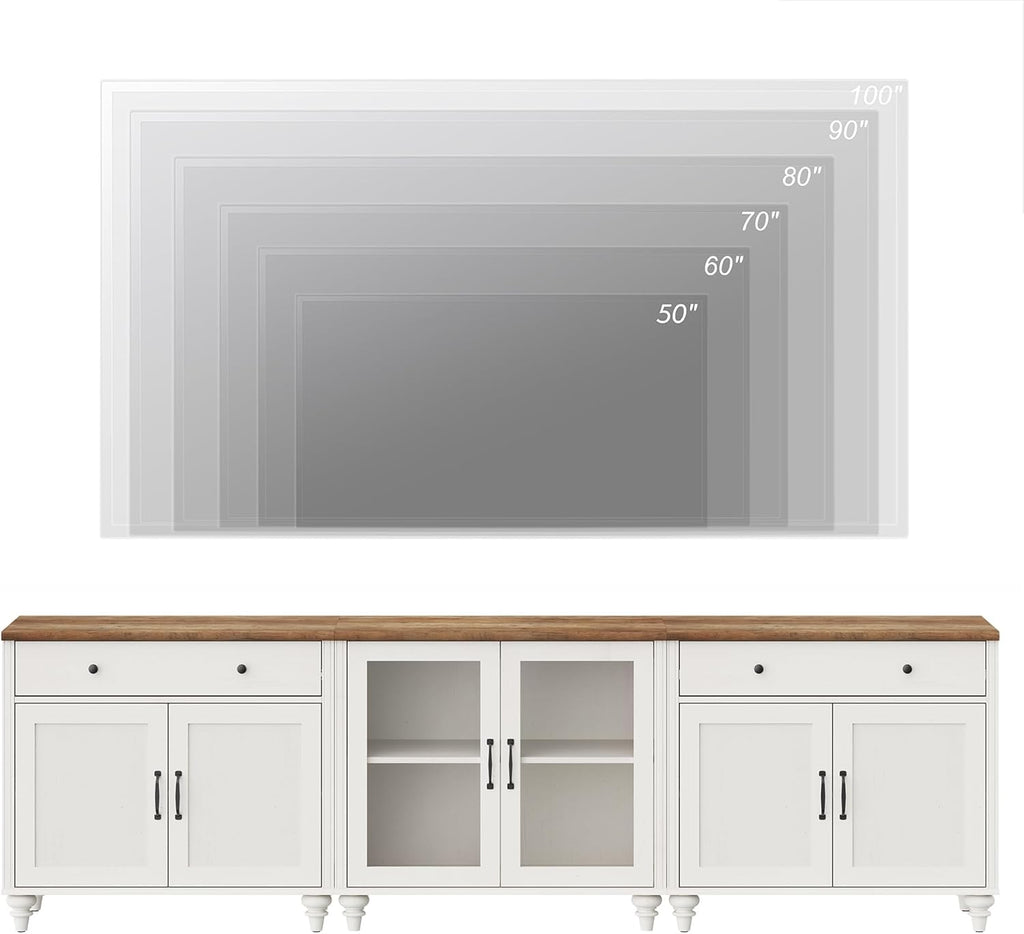 WAMPAT Farmhouse TV Stand for 100 Inch TV, 3-in-1 Wooden TV Console Table for 75/80/85/90 Inch TV, Entertainment Center with Glass Door, Kitchen Sideboard Buffet Cabinet for Dining Room, Off White