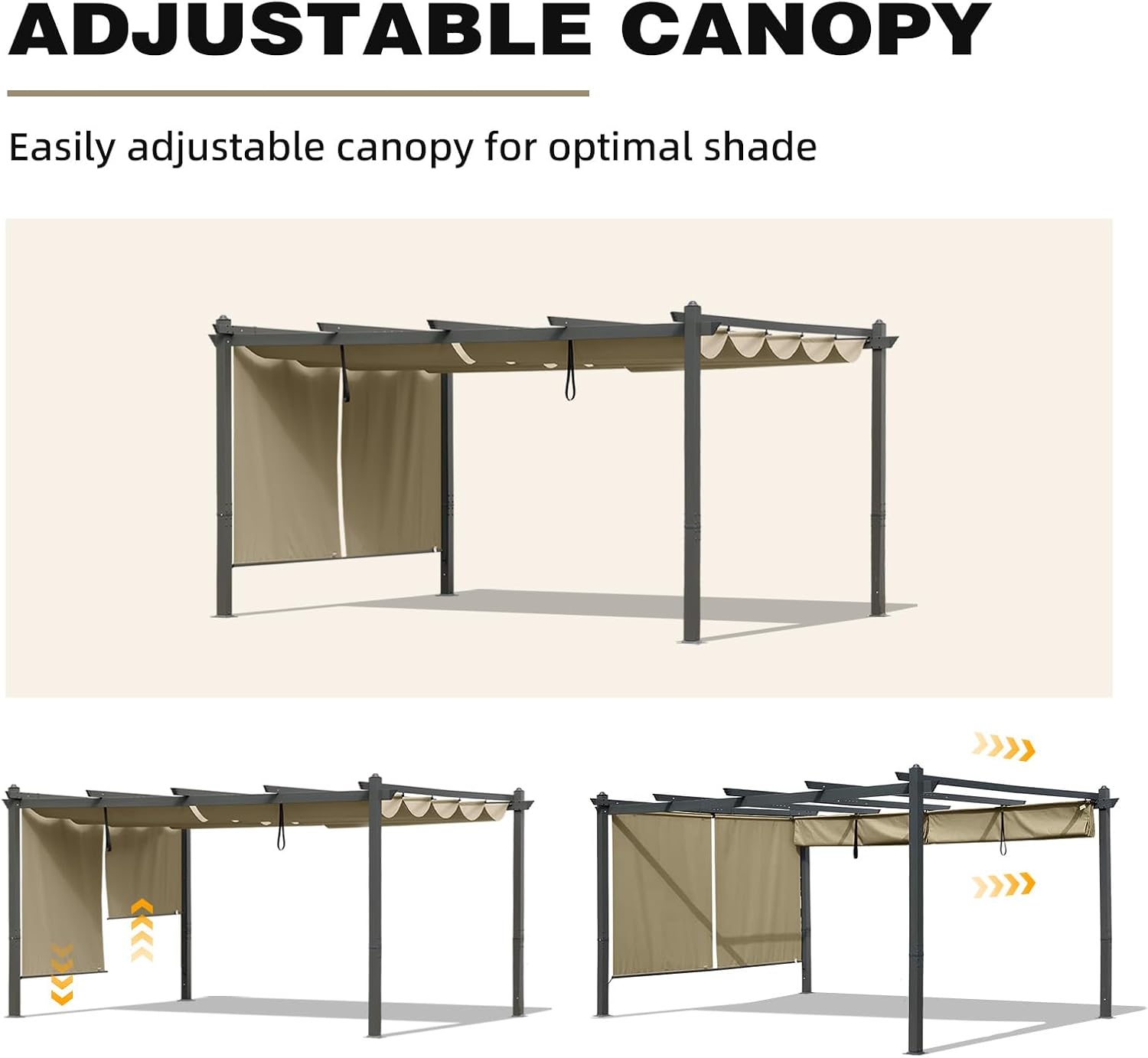 BPS 12x16 FT Outdoor Pergola - Retractable Shade Canopy with Aluminum Frame & Roller Shade Curtains for Patio, Backyard, or Deck, Khaki