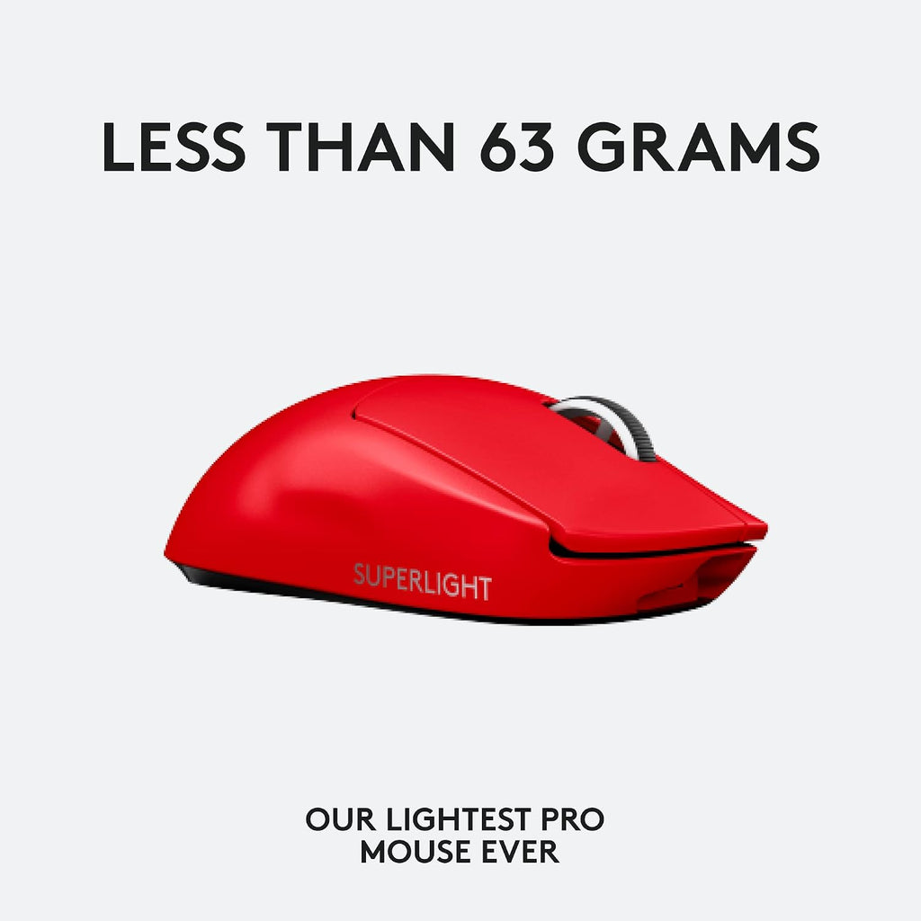 Logitech G PRO X Superlight Wireless Gaming Mouse, Ultra-Lightweight, Hero 25K Sensor, 25,600 DPI, 5 Programmable Buttons, Long Battery Life, Compatible with PC/Mac - Red (Renewed)
