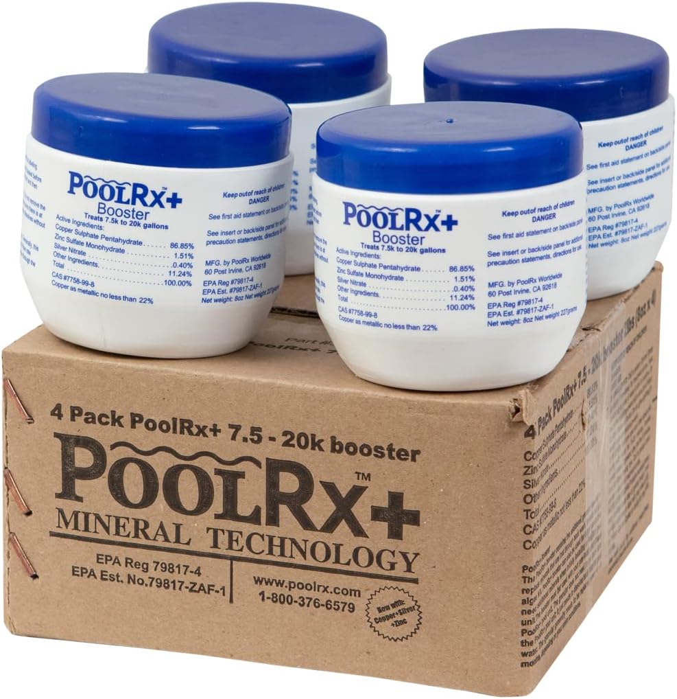 Pool RX 101003 Swimming Pool Algaecide, 4 Pack, Blue & 332004 4-Pack PoolRx+ Booster Blue Swimming Pool Algaecide, 4 Pack